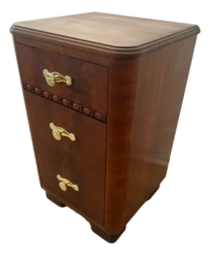 1920s Art Deco Side Table, Nightstand, Chest of Three Drawers, Walnut, Brass Pulls