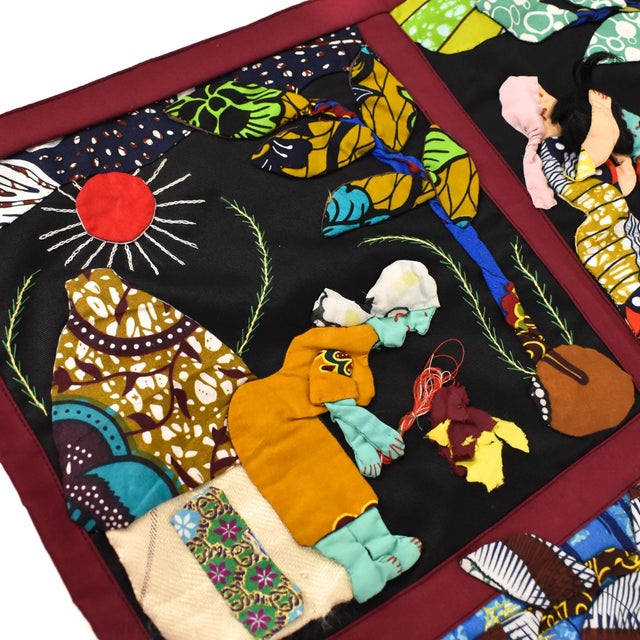 This Weya 4-panel story appliquÃ©d quilt depicts sequences of what everyday life looks like for a woman in a Zimbabwean...