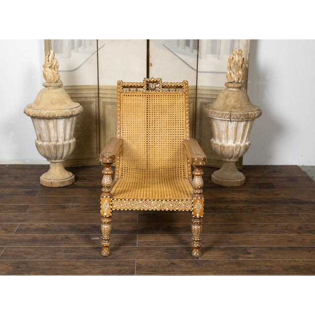 Early 20th Century Early 20th Century Anglo-Indian Inlaid Plantation Chair with Scrolling Foliage and Extending Arms For Sale - Image 5 of 12