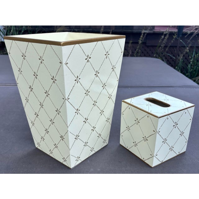 Neoclassical Allen G Designs Hand-Painted Ivory & Gold Wastebasket & Tissue Box Set For Sale - Image 3 of 11