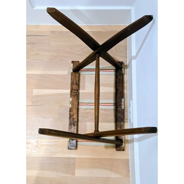 Wood Vintage Wood Folding Luggage Stand W/Decorative Woven Tapestry Straps For Sale - Image 7 of 7