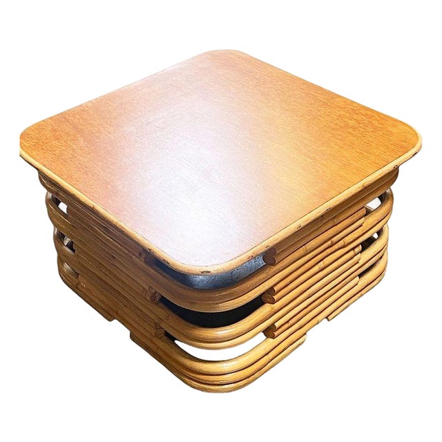 Restored Mid-Century Stacked Rattan Coffee Table W/ Rattan Wrapped Mahogany Top For Sale
