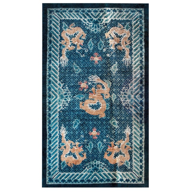Vintage 1980 Silk Chinese Dragon Carpet ( 3' x 5' - 91 x 152 ) Vintage Chinese – Silk Small Scatter Size Silk Blue Rug,...