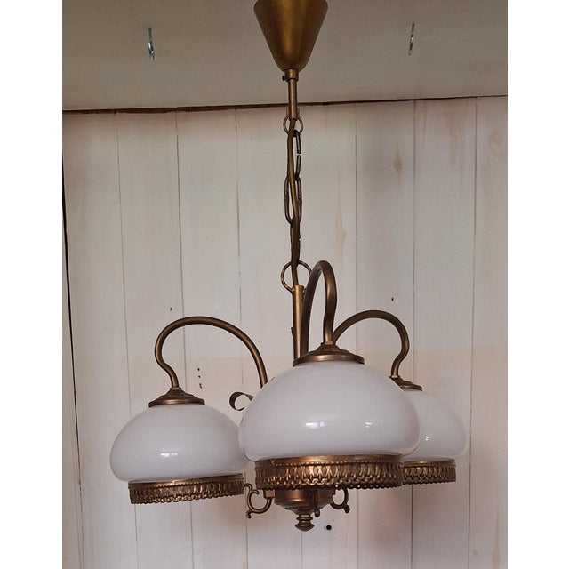 Vintage Three-Light Ceiling Lamp with Brass Frame and White Glass Shades, 1980s, in Good conditions. Designed 1980 to 1989...