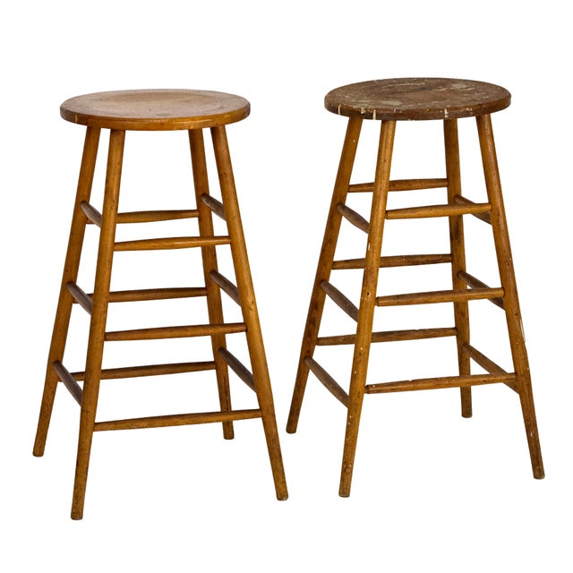 Vintage 1940s Pair of (2) 29.25" Tall Wood Artist Studio Stools For Sale In Philadelphia - Image 6 of 18