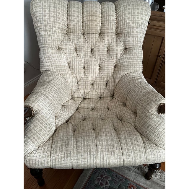 2000 - 2009 Stickley Leopold’s Tufted Chair & Ottoman Set in Cherry Wood With Antiqued Nailhead Trim For Sale - Image 5 of 10