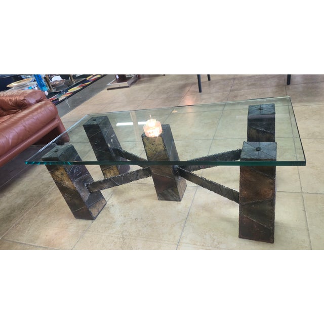 Fantastic custom made oxidized steel and brass coffee table with glass top is a rare table that was custom made in 1966....