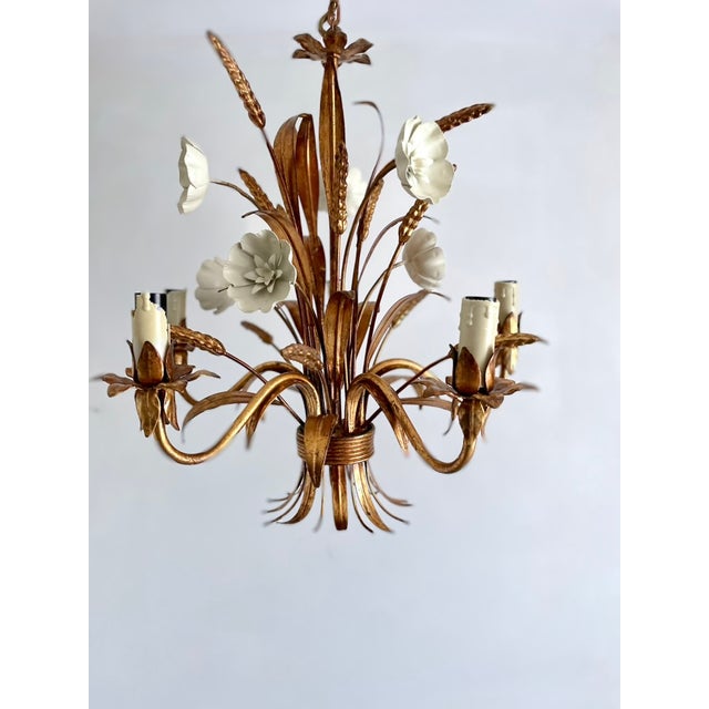 Mid-Century Modern Gilt Tole Floral and Wheat Chandelier, 1960 For Sale - Image 3 of 18