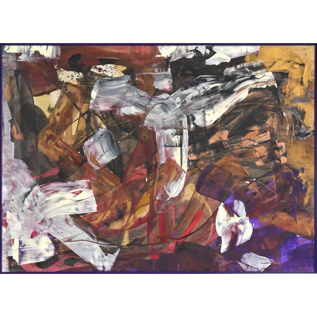 Bold abstract expressionist oil painting. Composition includes many layers of oil paint, some of which has a slightly...