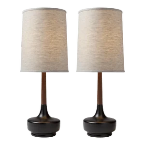 Mid-Century Table Lamp Ceramic & Walnut—Brooke P-Town—Pair