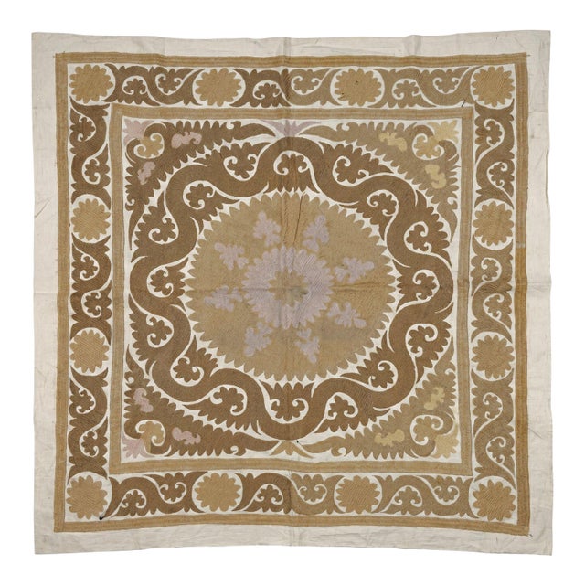 Suzani Wall Hanging - Terracotta Uzbek Tablecloth 5' X 5'5'' For Sale