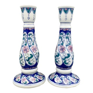 Vintage Blue, White and Pink Floral Chinoiserie Candlesticks - a Pair For Sale