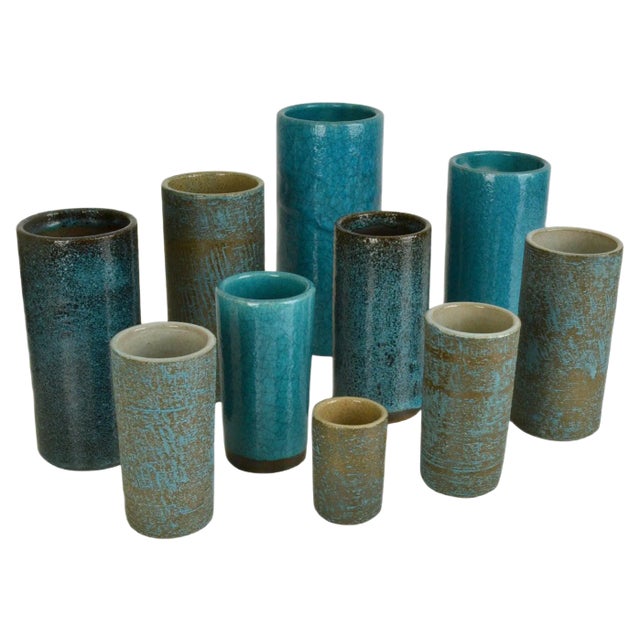 Blue Ceramic Cylinder Vases by Groeneveldt, Set of 10 For Sale