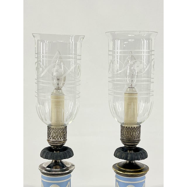 Neoclassical Pair of Vintage Sister Jasperware Candlestick Lamps, Attributed to Wedgwood For Sale - Image 3 of 12