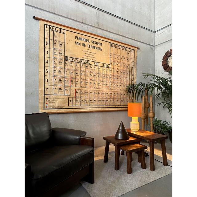 Vintage linen school chart between two sticks about the periodic table of elements. Very large size: 216cm x 140cm x 4cm....