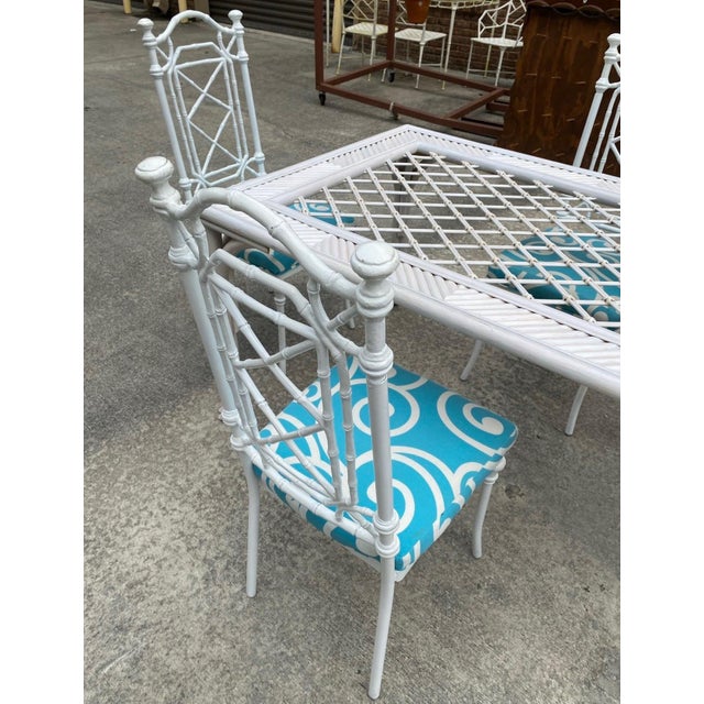 White 1970s White Wicker Dining Table With Metal Chairs and Blue Accent Cushions For Sale - Image 8 of 9