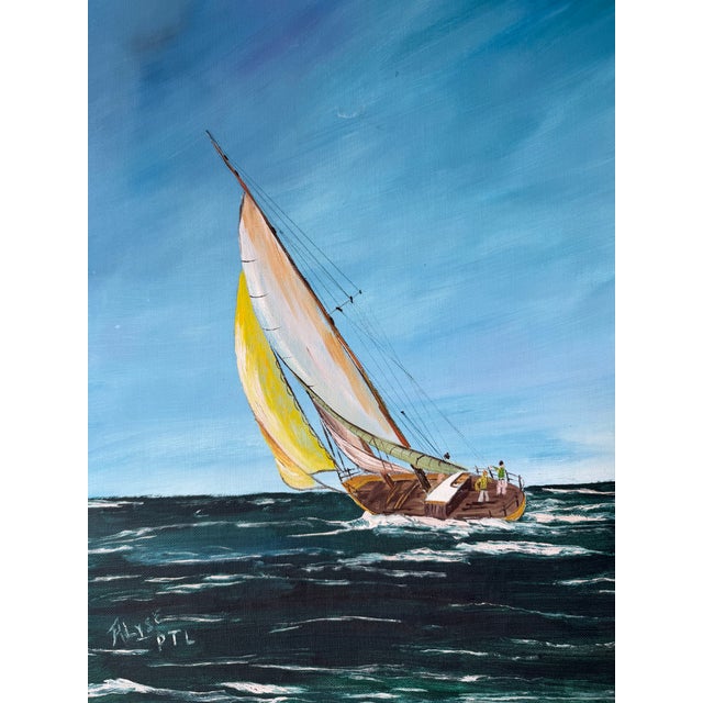 Vintage Sailboat Seascape Oil Painting on Board – Framed For Sale In Miami - Image 6 of 15