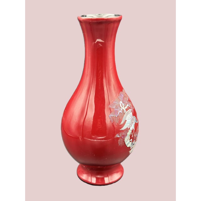 1970s 1970s Korean Red Lacquer Vase With Mother of Pearl Inlay – Cranes & Pine, Najeonchilgi For Sale - Image 5 of 7