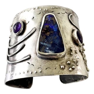 1970s Brutalist Sterling Silver Cuff Bracelet With Gem Stones For Sale