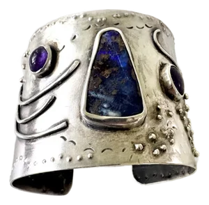 1970s Brutalist Sterling Silver Cuff Bracelet With Gem Stones