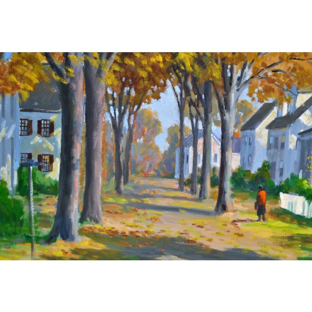 Finely executed impressionist painting by J. Holloway. Featuring a city street in the fall at sunset.