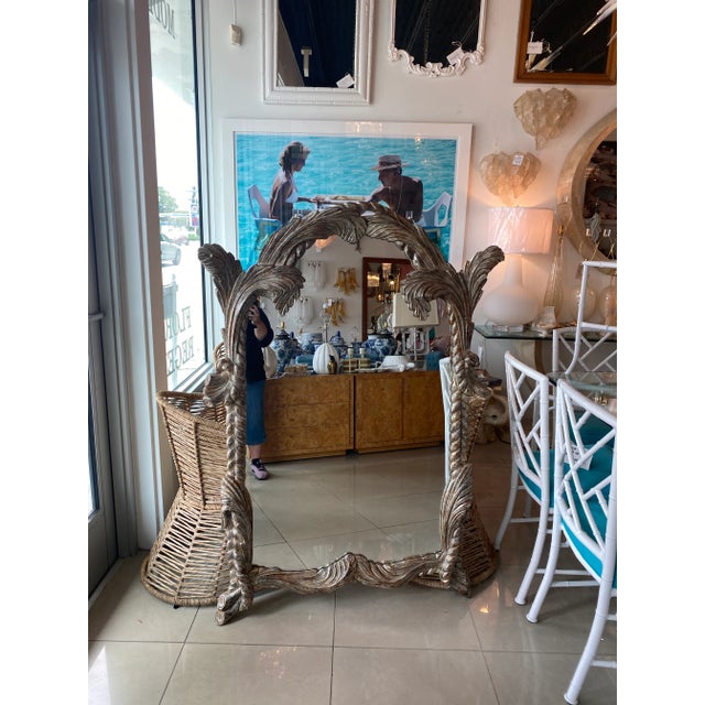 Hollywood Regency Vintage LaBarge Italian Silver Wood Carved Palm Tree Frond Wall Mirror Serge Roche Style For Sale - Image 3 of 11