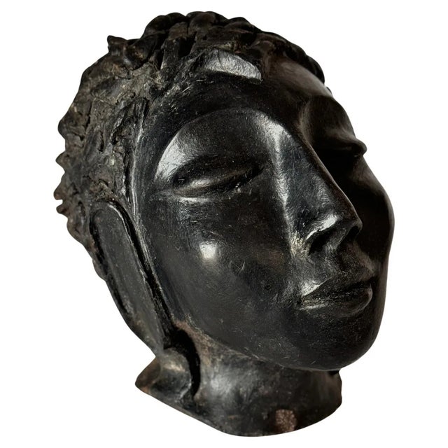 Art Deco Terracotta Sculpture in Black Color Woman Head, France, 1940s For Sale - Image 9 of 9