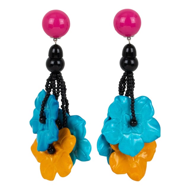 Angela Caputi Saffron and Turquoise Flower Resin Clip Earrings For Sale
