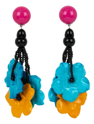 Angela Caputi Saffron and Turquoise Flower Resin Clip Earrings