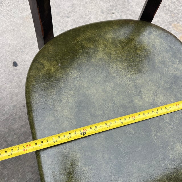 Wood 1970s Collection of Green Leather Gun Lock Style Wooden Dining Chairs- Set of 6 For Sale - Image 7 of 12