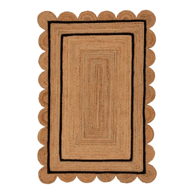 3x8 Ft. Black Double Line Border Braided Jute Scallop Rug For Sale - Image 6 of 6