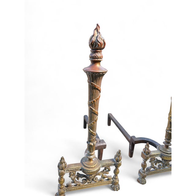 Andirons Louis XVI Style Flame Torch Antique Brass a Pair For Sale - Image 11 of 12