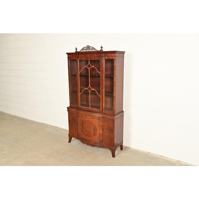 English Romweber Antique Georgian Flame Mahogany Breakfront Bookcase Cabinet, Circa 1920s For Sale - Image 3 of 13