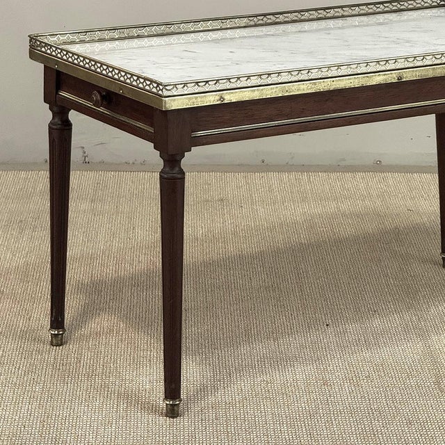 Mid-Century Louis XVI Style Mahogany Coffee Table With Carrara Marble For Sale In Dallas - Image 6 of 18
