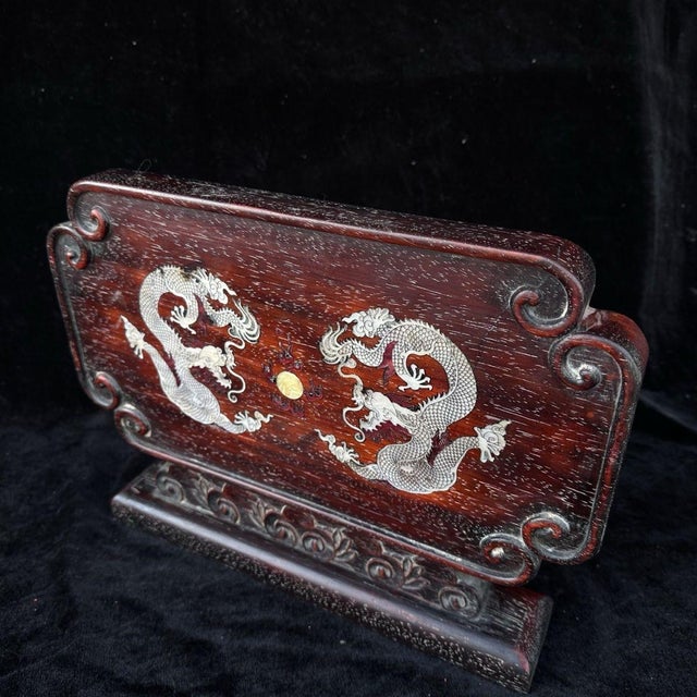 Chinese Vintage Chinese Zitan Wood Table Screen With Mother of Pearl "Two Dragons" Inlay For Sale - Image 3 of 9