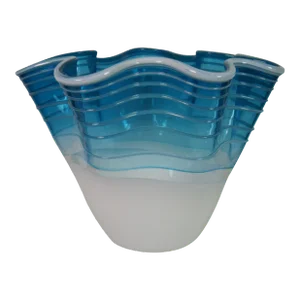 2010 Signed Freeform Studio Art Glass Teal Blue Ruffle Centerpiece Bowl Vase