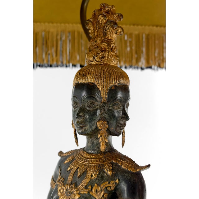 Sculptural Mermaid Princess Suvannamaccha Lamp in Bronze with Double Green Shade and Gilt Patina, Thailand, 1950s For Sale - Image 11 of 16