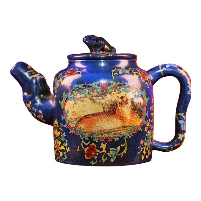 Vintage Yixing Zisha Teapot With Box – Painted Enamel Tiger & Buffalo Motif For Sale