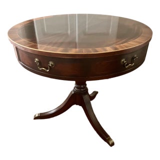 Baker Inlaid Pedestal Round Drum Table Mahogany Vintage For Sale