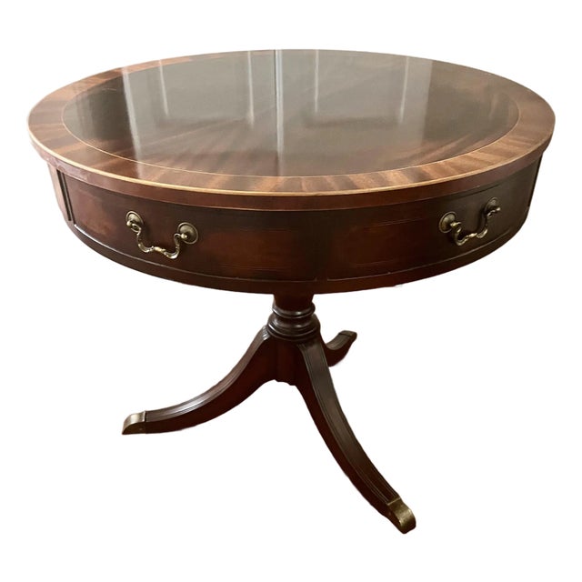 Baker Inlaid Pedestal Round Drum Table Mahogany Vintage For Sale