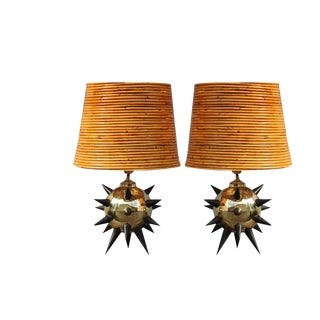Italian Table Lamps in Brass, Metal & Bamboo, 1950s, Set of 2 For Sale