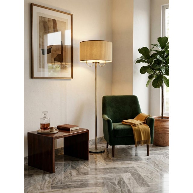 1950s Brass Floor Lamp with Pleated Fabric Shade and Marble Base, Italy, 1950s For Sale - Image 5 of 8