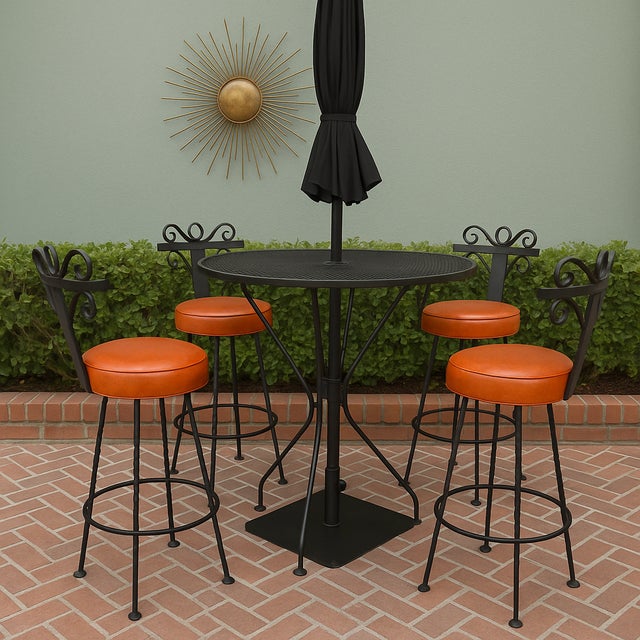 Vintage Spanish Revival Wrought Iron Swivel Bar Stool Set With Matching Mesh Bar Table & Heavy Umbrella Stand – Mid-Century, Orange Vinyl For Sale - Image 12 of 12