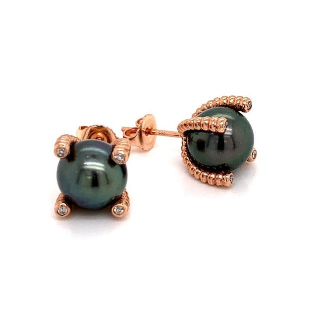 White Diamond Large Tahitian Pearl Earrings 14k Rose Gold Certified For Sale - Image 8 of 14