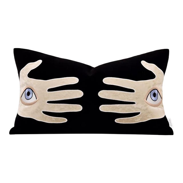 Mysterious Hand and Eye Velvet Cushion - 11" X 19" Black Art Decoration For Sale