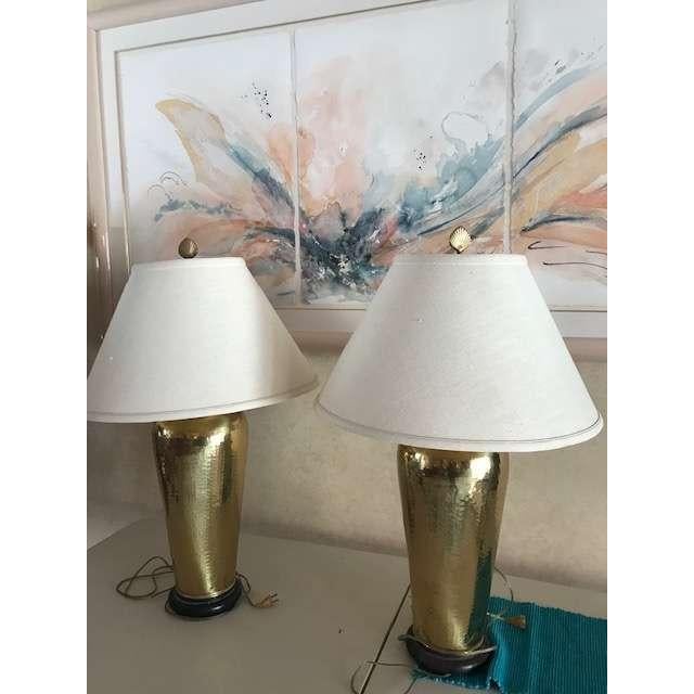 1960’s Paul Hanson Hammered Polished Brass Chinoiserie Table Lamps With Coin Finials For Sale - Image 11 of 14