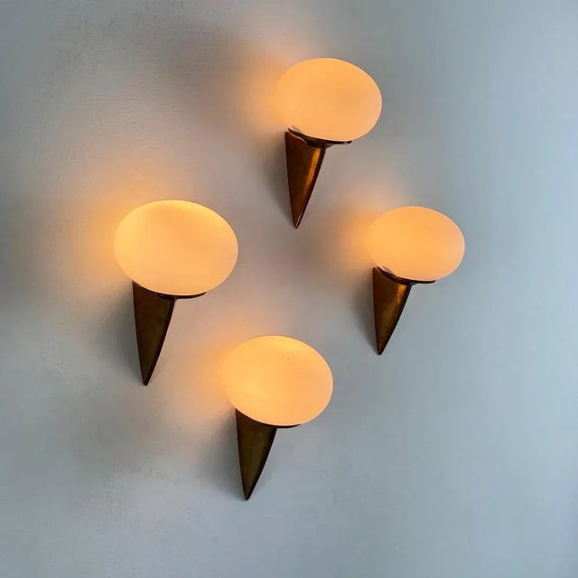 1970s Italian Lancia Wall Sconces in Brass and Opaline Glass from Stilux Milano, 1960s, Set of 4 For Sale - Image 5 of 18