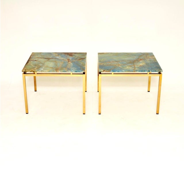 An extremely stylish and beautifully made pair of vintage Italian brass and marble side tables, dating from the 1970’s....