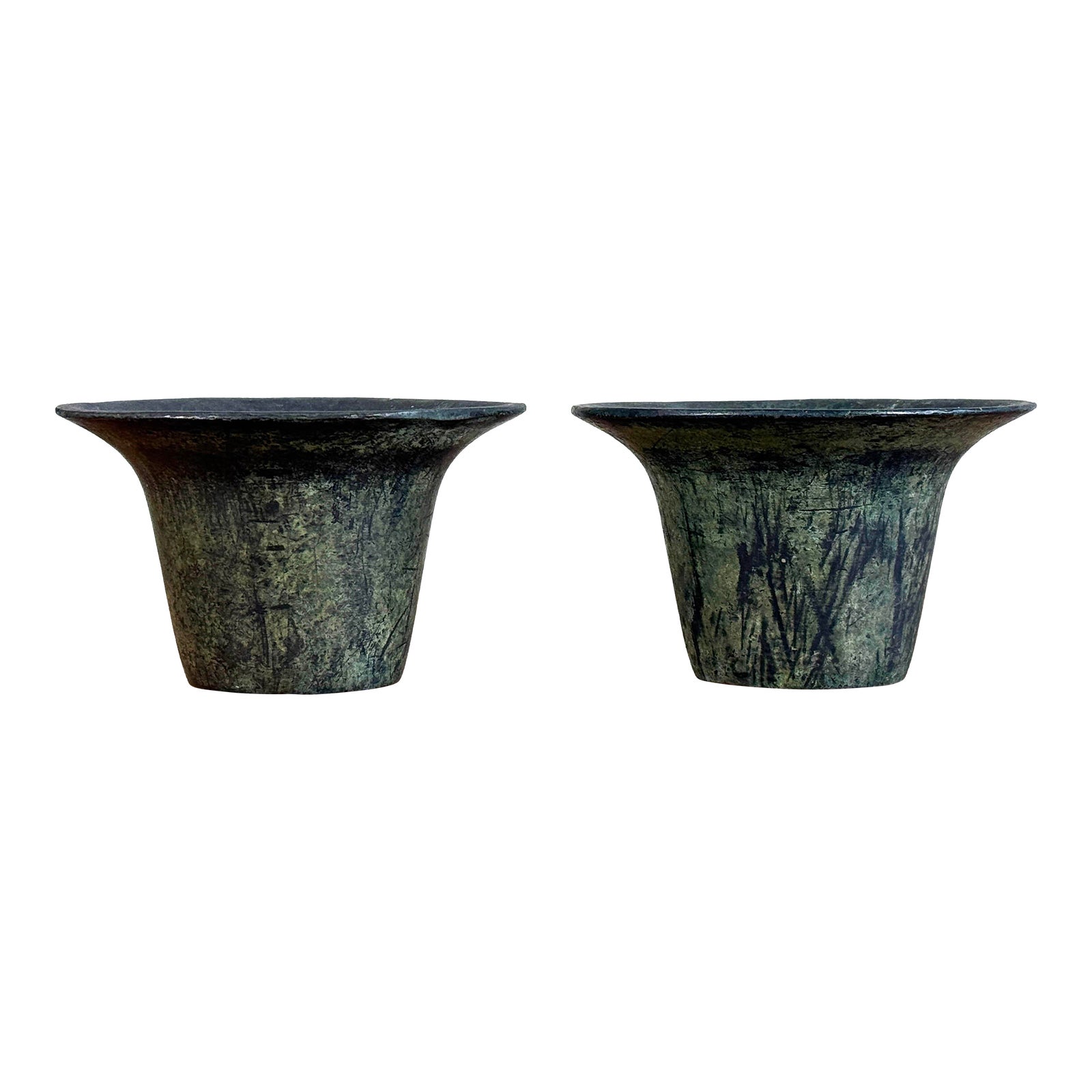 Mid Century Modern Cast Bronze Candle Holders With Verdigris Patina - A Pair