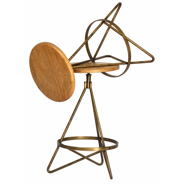 Pair of Vintage Bar Stools. Gold Brass metal base with blonde wood seat. foot bar for comfortable seating.